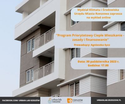 Grafika promująca wykład online pn. "Program Priorytetowy Ciepłe Mieszkanie - zasady i finansowanie"